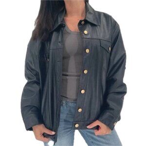 Ralph Lauren Navy Blue Leather Jacket Vintage Trucker Style Wm Size S